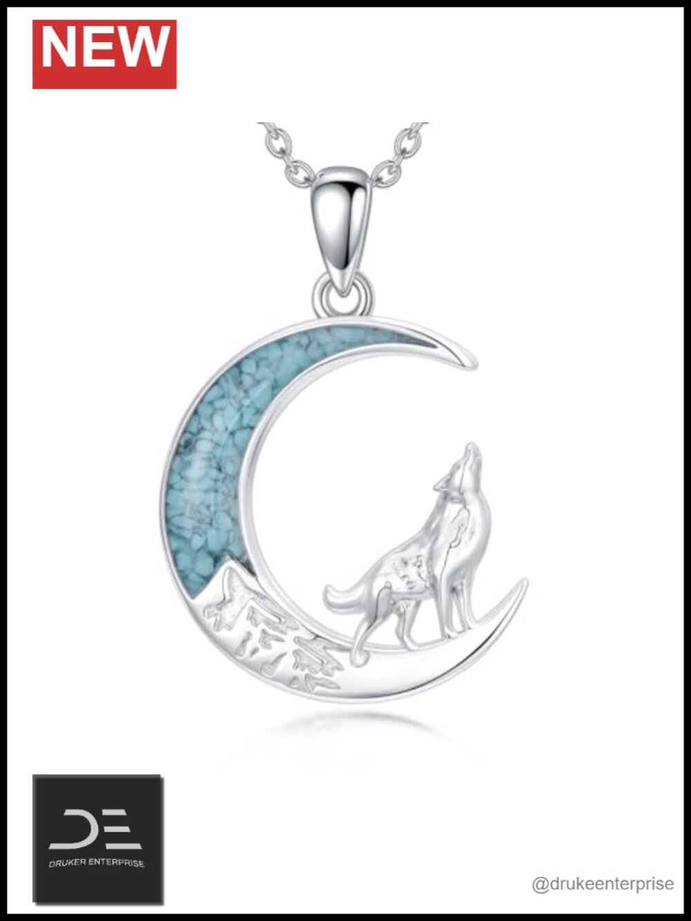 925 Sterling Silver Turquoise Wolf Pendant Necklace 18in